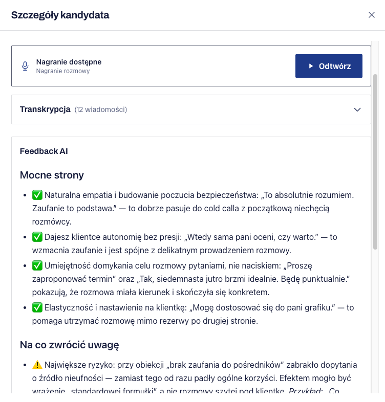 Podgląd oceny kandydata z modułu rekrutacyjnego SimSale